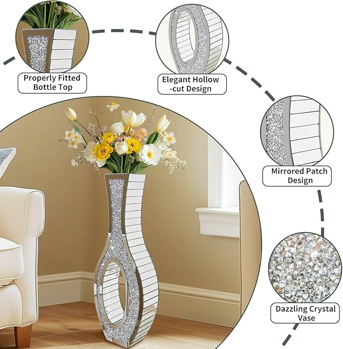 Elegant Glam Mirror Vase: Silver Glass Mirrored Vase Floor-Standing, 30.1 inches High Bling Crystal Living Room Centerpiece for Home Luxury Decor, Won't Hold Water