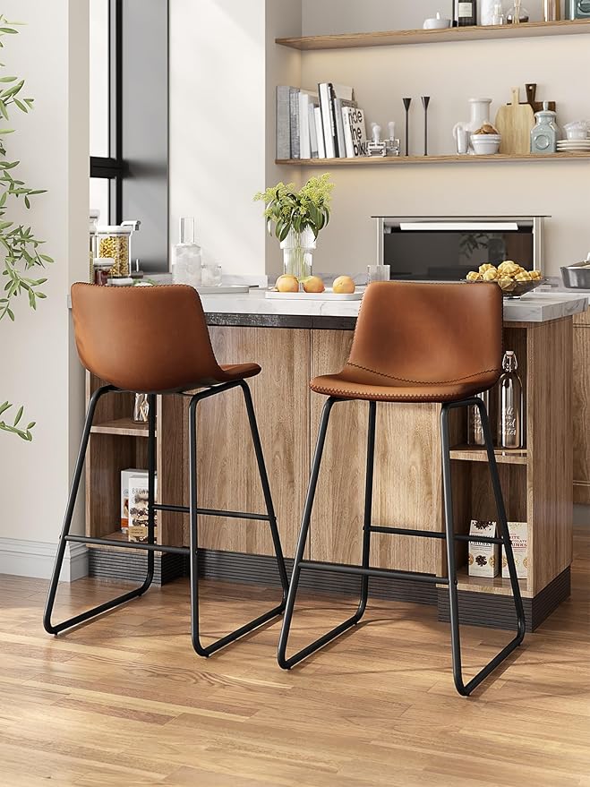 Bar Stools Set of 2, 26 Inches Counter Height Bar Stools with Back, Modern Faux Leather Barstools with Metal Legs and Footrest, Bar Chairs for Kitchens Island (Dark Brown)
