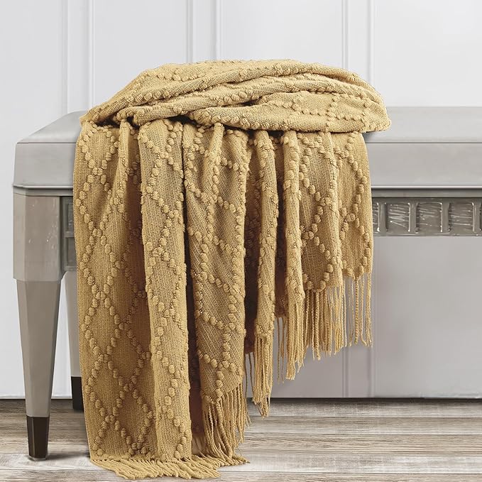 BOURINA Mustard Throw Blanket 50 x70 Inches Jacquard Argyle Throw Textured Solid Soft Throws and Blankets for Sofa or Bed Knitted Decorative Blanket