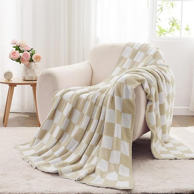 JOOJA Soft Cozy Checkerboard Beige Blanket Fluffy Knit Throw Blanket for Couch Plaid Checkered Beige 60x80 in