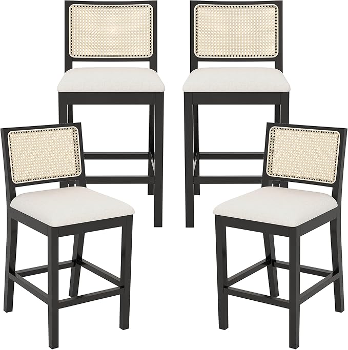 Westice Rattan Bar Stools Set of 4, 26" Farmhouse Counter Height Stools with Natural Rattan Back and Wood Frame, Upholstered Line Fabric Seat Cushion, Wooden Chairs for Kitchen Island/Pub, Black