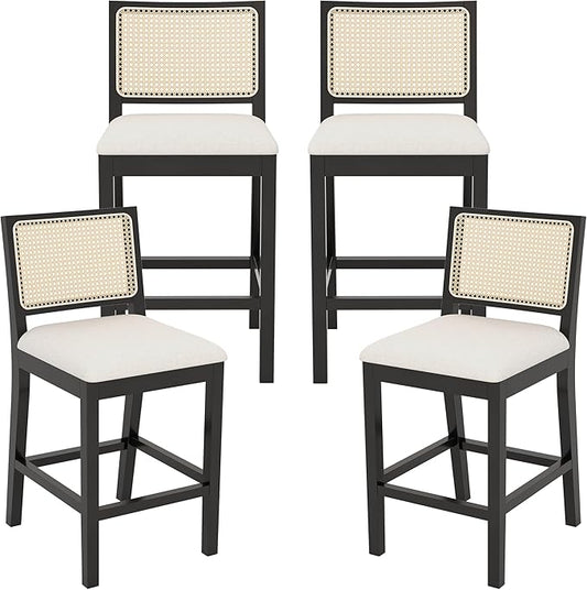 Westice Rattan Bar Stools Set of 4, 26" Farmhouse Counter Height Stools with Natural Rattan Back and Wood Frame, Upholstered Line Fabric Seat Cushion, Wooden Chairs for Kitchen Island/Pub, Black
