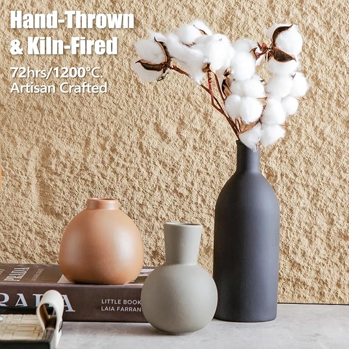 Ceramic Flower Vase Set of 3, Home Decor Vases for Centerpieces, Tulips Flowers Pampas Grass Decor, Boho Rustic Farmhouse Kitchen Bedroom Bathroom Living Room Office Wall Decor Aesthetic -Black