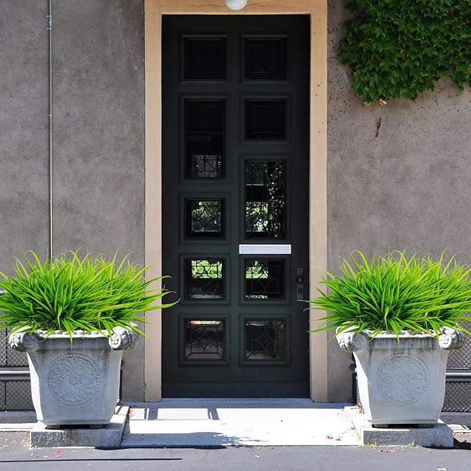 Uieke 12 Bundles Artificial Outdoor Plants UV Resistant Fake Grass Plants Faux Plastic Plants Greenery Shrubs for Home Garden Pathway Window Box Front Porch Spring Summer Decor, Green