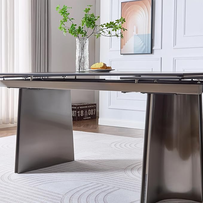 Extendable Dining Table for 8-12 Seat, Flexible Stretch, Tabletop Made from Rock Plate and Tempered Glass, Stable Stainless Steel Brushed Table Legs, 35.4"D x 106.3"W x 30.7"H, Pure Black