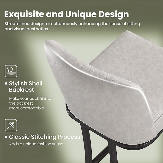 PHI VILLA Light Grey Bar Stools Set of 3, Faux Leather Counter Height Chairs, Kitchen Stools for Island, 24 Inch Barstools with Back