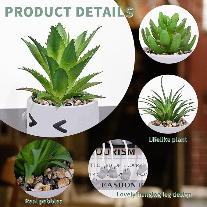 Small Fake Plants Faux Succulents in Grey Pots with Hanging Leg Potted Mini Fake Plants for Office Desk Decor Cute Artificial Succulent Plants for Home Office Desk Decor and Gift Choice - Set of 3