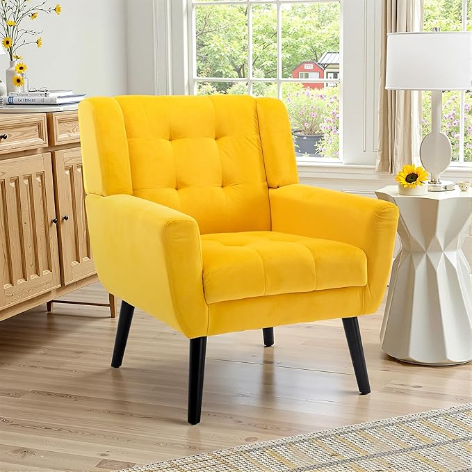NicBex Modern Accent Chair for Living Room Upholstered Foam Filled Living Room Chairs with Metal Legs Velvet Cozy Lounge Armchair for Living Room Bedroom,Yellow