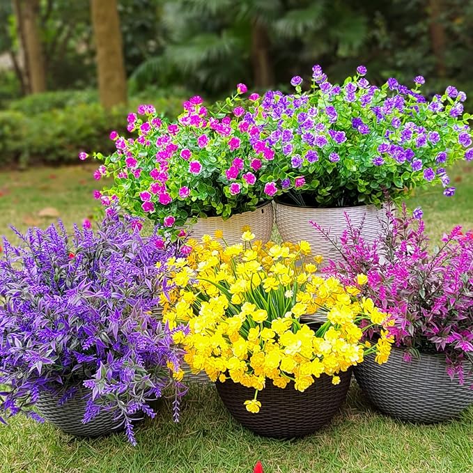 20 Bundles Artificial Flowers Outdoor UV Resistant No Fade Fake Plants Faux Plastic Shrubs for Garden Patio Porch Window Box Home Wedding Farmhouse Hanging Décor