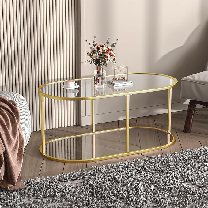 Coffee Table Gold Glass Coffee Table for Living Room,2 Tiers Oval Center Table with Sturdy Metal Frame,Modern Tempered Glass Accent Table for Bedroom Home Office