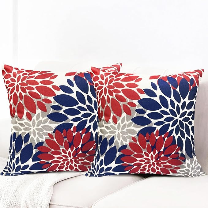 Decorative Throw Pillow Covers Set of 2 Red Blue Pillow Covers 18x18 Inch Couch Pillow Covers for Sofa Living Room Outdoor Throw Pillow Cover Linen Floral Flower Farmhouse Pillowcase