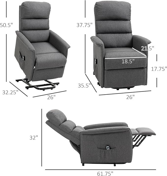 HOMCOM Power Lift Recliner Chair for Elderly, Easy Assembly, Fabric Lift Chair for Adults, Recliner Sofa with Remote Control, Side Pockets for Living Room, Gray