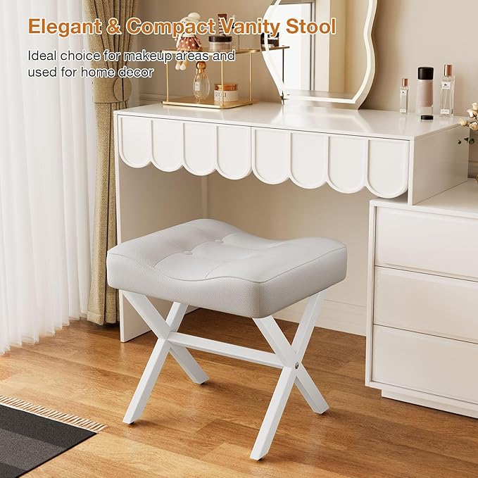 18-Inch Large Leather Vanity Stool, Vanity Chair with Metal X-Leg, Ottoman Accent Stool with Thick Padded Saddle Seat, White