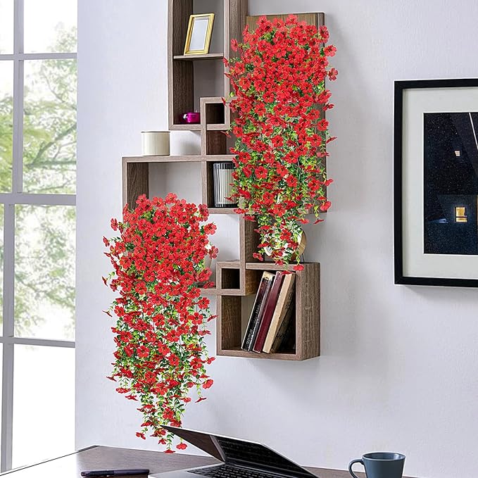 Artificial Fake Hanging Plants Flowers for Outdoor Outside Decor, Faux Mums Silk Realistic Flower, 2 Pcs UV Resistant Look Real Plastic Decorations for Porch Home Patio Balcony Yard