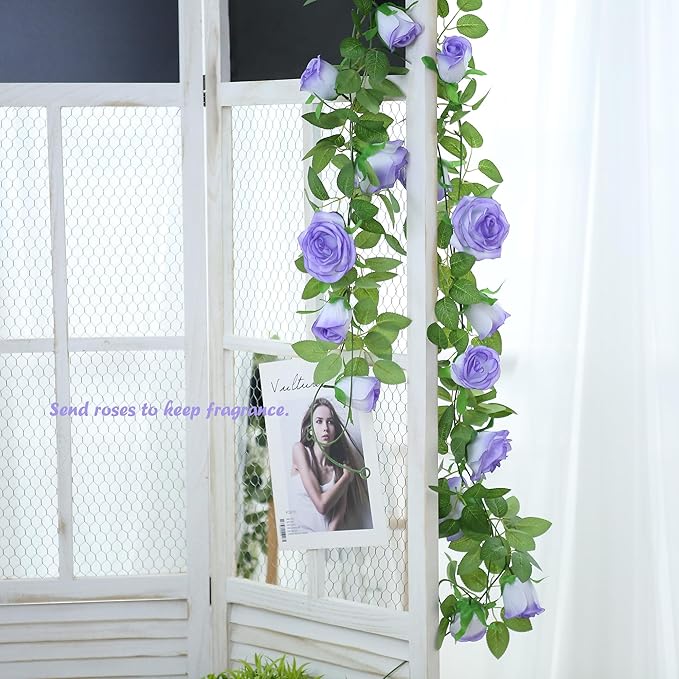 Felice Arts 2 Pack Pale Purple Artificial Floral Garland Each 6.5FT Fake Rose Vine Hanging Rose Garland for Wedding Flowers Table Centerpiece Arrangement Room Baby Shower Teepee Mirror Decor
