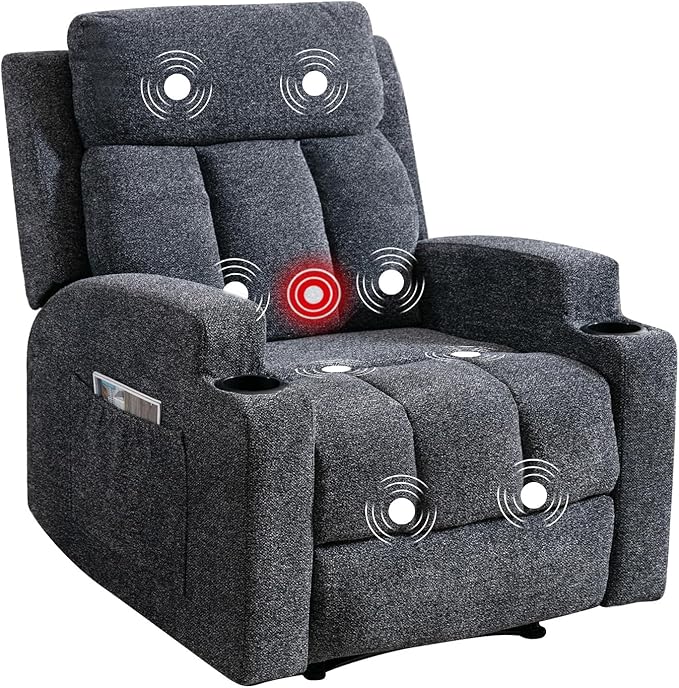 Phoenix Home Manual Recliner Chair with Massage and Heat Ergonomic Overstuffed Breathable Fabric Reclining Chair with 2 Side Pockets, 2 Cup Holders, Remote Control, Living Room, Bedroom, Dark Gray