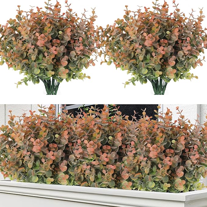 RECUTMS 8 Bundles Artificial Greenery Plants Stems Outdoor Fake Eucalyptus Plants Boxwood Bushes for Farmhouse Bathroom Office Vase Centerpiece Indoor Outdoor Decoration(Dusty Orange)