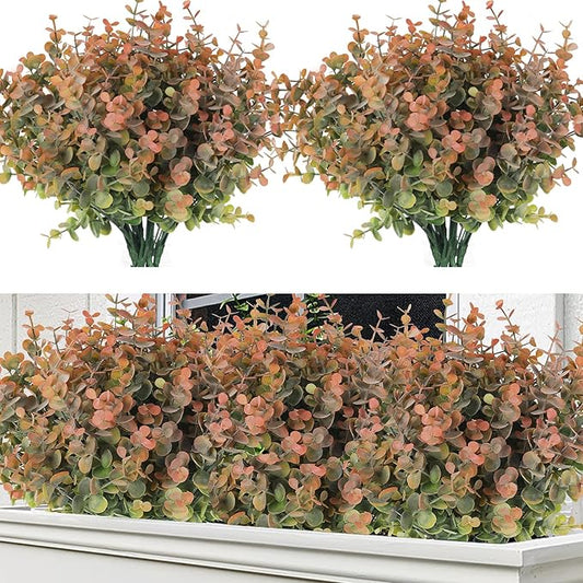 RECUTMS 8 Bundles Artificial Greenery Plants Stems Outdoor Fake Eucalyptus Plants Boxwood Bushes for Farmhouse Bathroom Office Vase Centerpiece Indoor Outdoor Decoration(Dusty Orange)