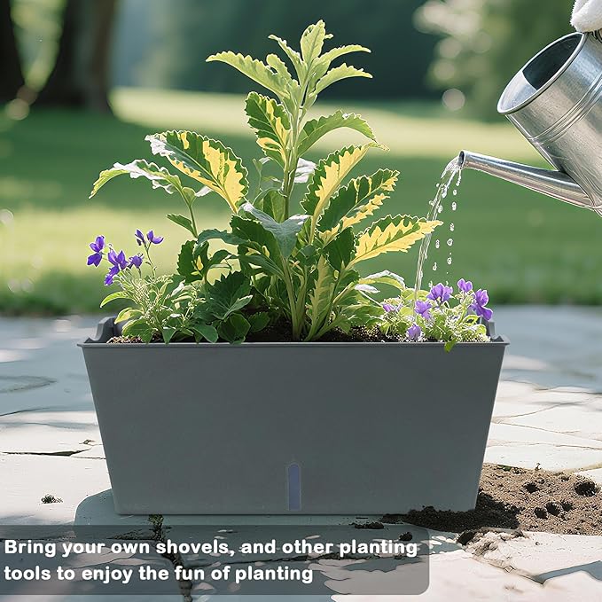 Window Box Planter 6 Pcs, 16.5 Inches Self Watering Rectangle Flower Plant Pots with Drainage Holes Trays, Vegetable Planters for Windowsill Patio Garden Balcony Porch Yard (Dark Green)