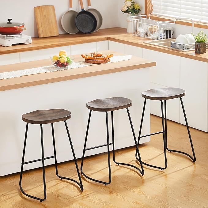 HeuGah Bar Stools Set of 3, Counter Height Saddle Seat Wood Bar Stools, 26" Backless Barstool for Kitchen Island, Brown Bar Chairs Easy to Assemble (Brown, 3 PCS 26Inch Counter Chair)