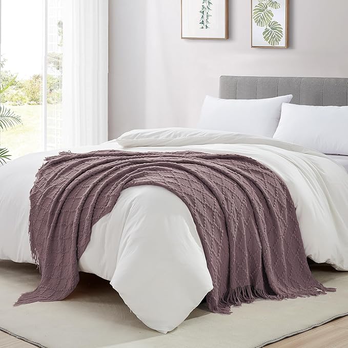 BOURINA Dark Lavender Throw Blanket 50 x70 Inches Jacquard Argyle Throw Textured Solid Soft Throws and Blankets for Sofa or Bed Knitted Decorative Blanket