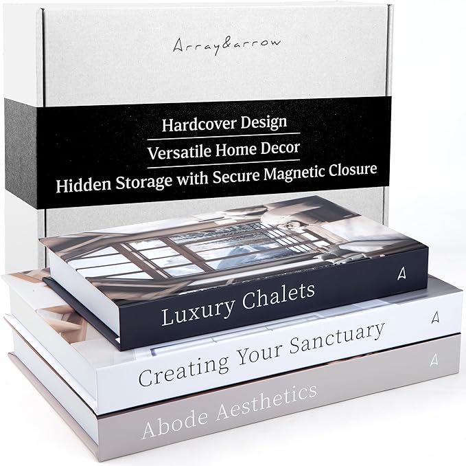 Array & Arrow Fake Decorative Books for Home Decor - Set of 3 Hardcover Faux Books for Storage, Modern, Stylish, and Minimalist Coffee Table Decor, Keepsake, Hidden Storage with Magnetic Closure
