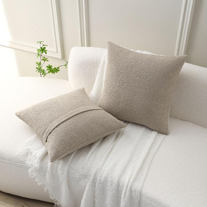 FUTEI Pack of 2 Oatmeal Decorative Throw Pillow Covers 16x16 Inch Soft Cozy Solid Boucle Textured Cushion Case,Modern Home Decor for Couch Bed Living Room