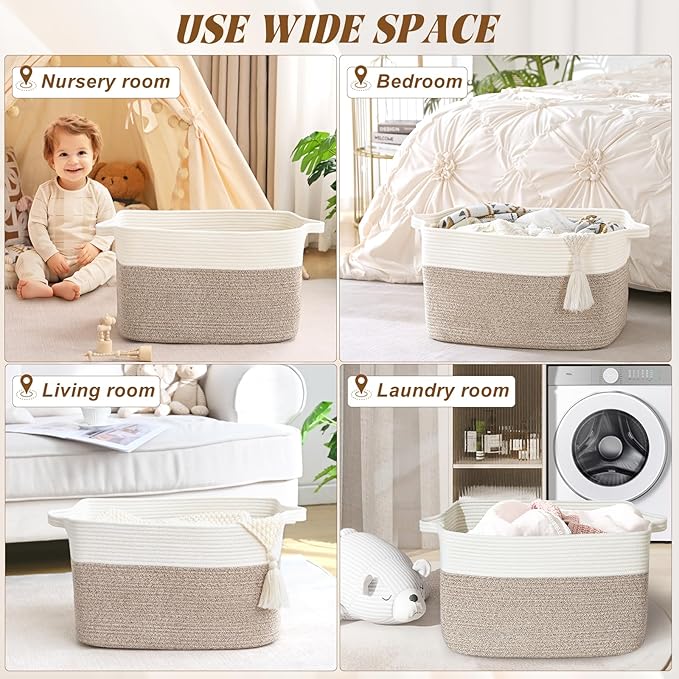 Large Blanket Basket, 100 L Rectangle Storage Baskets for Organizing, Woven Laundry Basket for Blankets, Cotton rope Blanket Storage for Living Room, Nursery Room, Brown