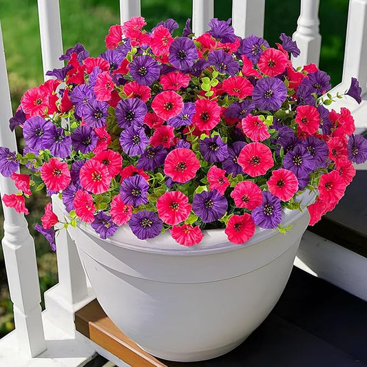 Artificial Flowers for Outdoors Decoration, 10 Bundles Fake Plastic Flower Plant, Faux Colorful Silk Morning Glory Petunias for Outside Garden Porch Front Door Decor, Rose Purple