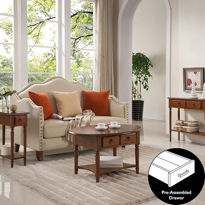 Coastal Solid Wood Oval Coffee Table with Shelf and Drawer, Rich Pecan Brown, Perfect for Living Rooms and Small Spaces – Leick Home, 20044-PC