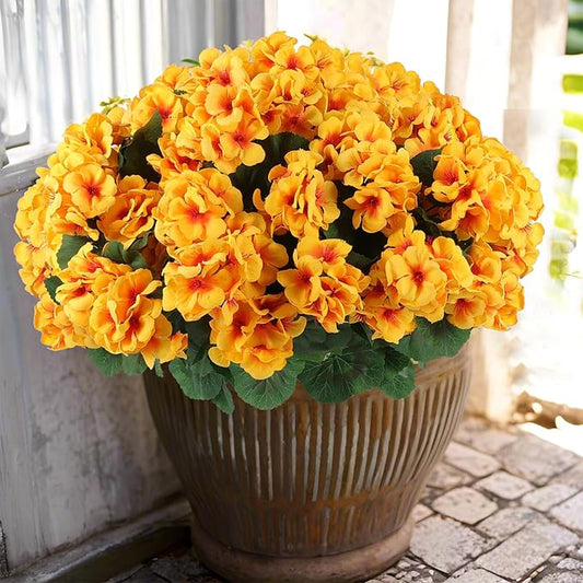 Hananona 12 Pcs Artificial Geranium Flowers for Outdoors Geranium Silk Yellow Flowers Outdoor UV Resistant Garden Plants Faux Fall Flower for Home Kitchen Table Centerpieces Decor (12, Yellow)