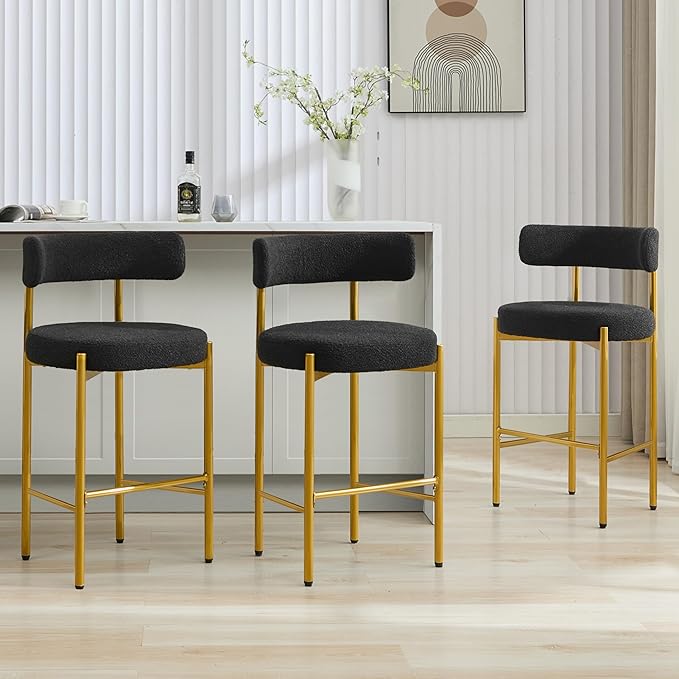 28'' Boucle Bar Stools Set of 3, Black Bar Stools with Backs, Bar Height Stools for Kitchen Island, Upholstered Bar Chairs with Gold Legs