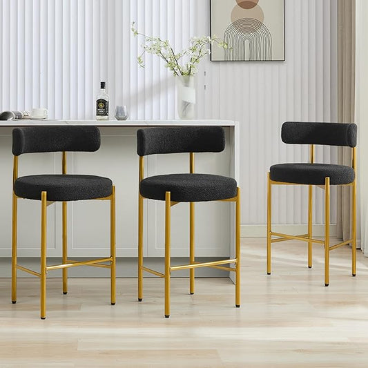 28'' Boucle Bar Stools Set of 3, Black Bar Stools with Backs, Bar Height Stools for Kitchen Island, Upholstered Bar Chairs with Gold Legs