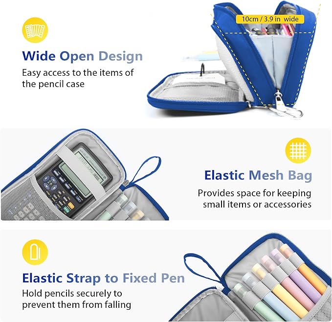 Pencil Case Big Capacity Pen Pouch Large Storage Holder Marker Pen Bag Durable 3 Compartment School Office Desk Organizer Portable Cute Zipper Stationery for Kids Teen Student Boys Girls Adults