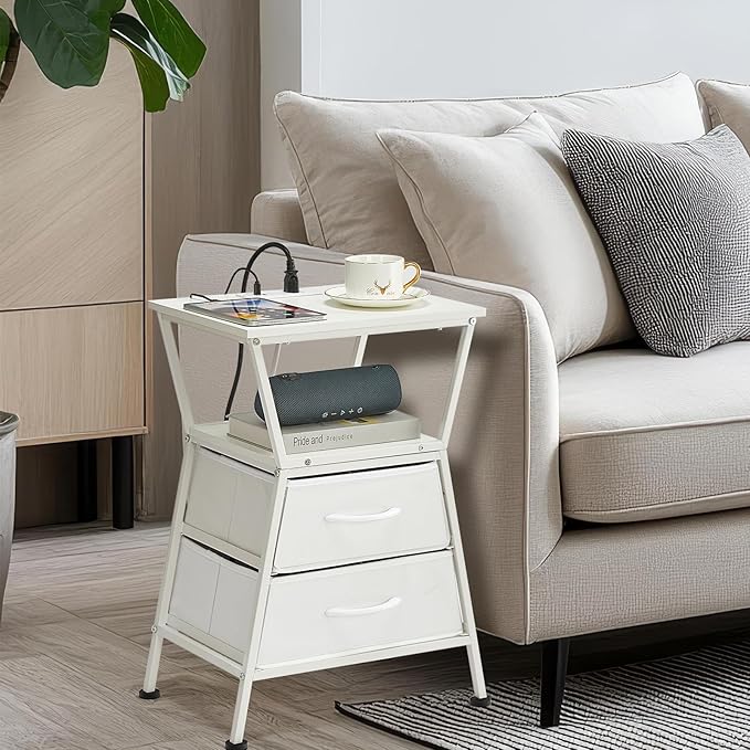 Nightstand with Charging Station, Side Tables for Bedroom with Built-in USB Side Table with 2 USB Ports and Outlets Nightstand with Cloth Drawer End Tables Living Room Sofa Couch