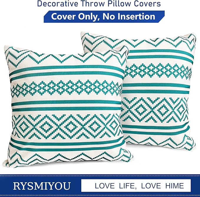 Decorative Throw Pillow Covers Set of 2 Teal Blue Boho Pillow Covers 18x18 Inch Throw Pillow Cover Linen Pillowcase Modern Farmhouse Outdoor Pillow Covers for Couch Sofa Bed Living Room