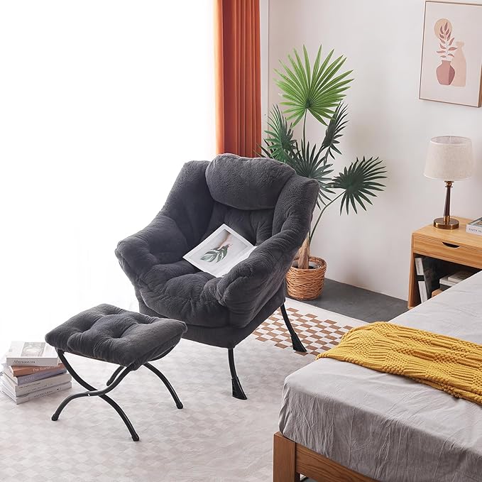 Welnow Lazy Chair with Ottoman, Modern Lounge Accent Chair with Armrests and a Side Pocket, Leisure Sofa Armchair, Reading Armchair with Footrest for Small Space, Plush Navy