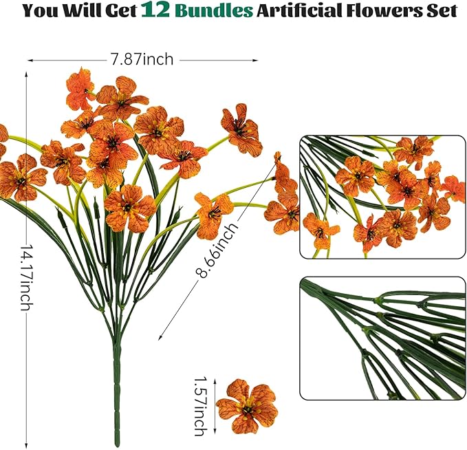 Lnoicy 12 Pcs Artificial Flowers for Outdoor,Plastic Flowers Decoration, UV Resistant Faux Flowers Shrubs, Artificial Plants for Indoor Outside Garden Home Wedding Farmhouse(Orange)