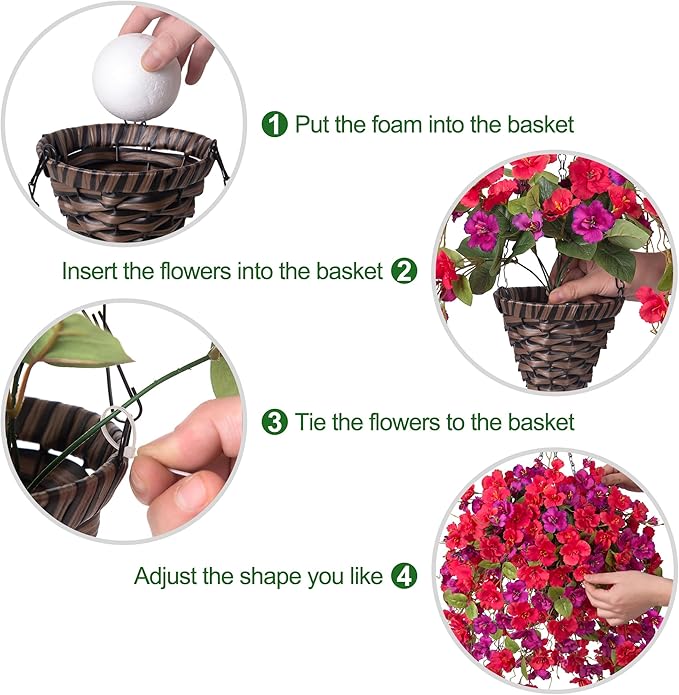 Artificial Fake Hibiscus Hanging Flowers Baskets for Outdoor Decoration, Faux Plants Silk Hibiscus Long Vines in Planter UV Resistant Realistic Flowers for Outside Porch Patio Home Decor, RedPurple