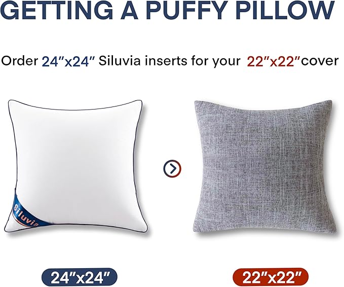 Siluvia 24x24 Pillow Inserts Set of 2 Square Throw 24 Euro Pillows with 100% Cotton Cover for Sofa, Couch, and Bed - White
