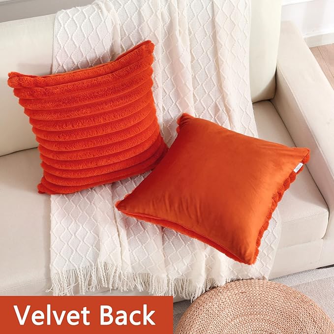 FUTEI Burnt Orange Striped Decorative Throw Pillow Covers 24x24 Inch Set of 2,Square Fall Decorations Couch Euro Pillow Case,Soft Cozy Faux Rabbit Fur & Velvet Back,Modern Home Decor for Bed
