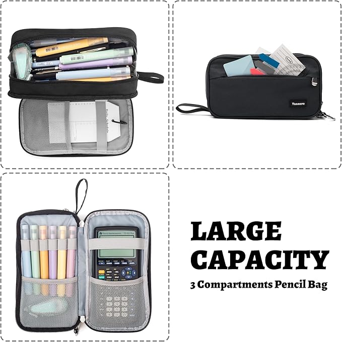 Pencil Case Big Capacity Pen Pouch Large Storage Holder Marker Pen Bag Durable 3 Compartment School Office Desk Organizer Portable Cute Zipper Stationery for Kids Teen Student Boys Girls Adults Klein