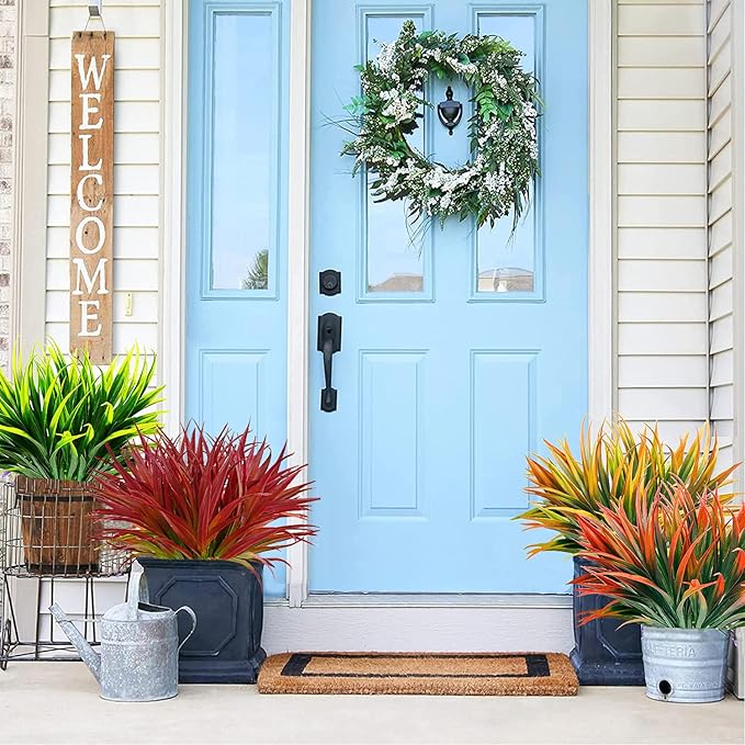 12 Pcs Artificial Outdoor Plants UV Resistant Tall Fake Grass Plants Bushes Faux Tropical Flowers Décor Fall Winter Summer Planters Patio Front Door Porch Plastic Greenery & Shrubs Decoration