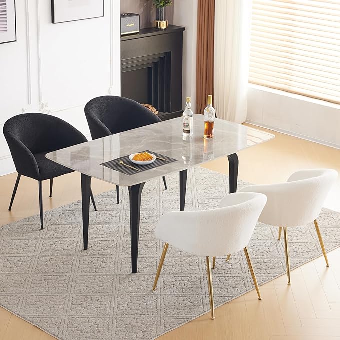 Modern Small Accent Chair Set of 2, Comfy Sherpa Makeup Vanity Chair with Golden Metal Legs, Decorative Chair no Wheels for Living Room, Dressing Room, Bedroom, White