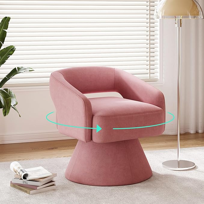LINSY Swivel Accent Chair, Small Barrel Chair 360 Swivel Modern Armchair, Upholstered Reading Chair for Small Spaces Living Room, Vanity Chair for Bedroom, Pink