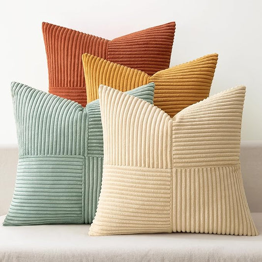 MIULEE Teal-Orange Decorative Throw Pillow Covers 16x16 Inch Set of 4 Boho Corduroy Striped Cushion Cases Modern Farmhouse Patchwork Pillow Cases for Couch Sofa Bedroom Fall Home Decor
