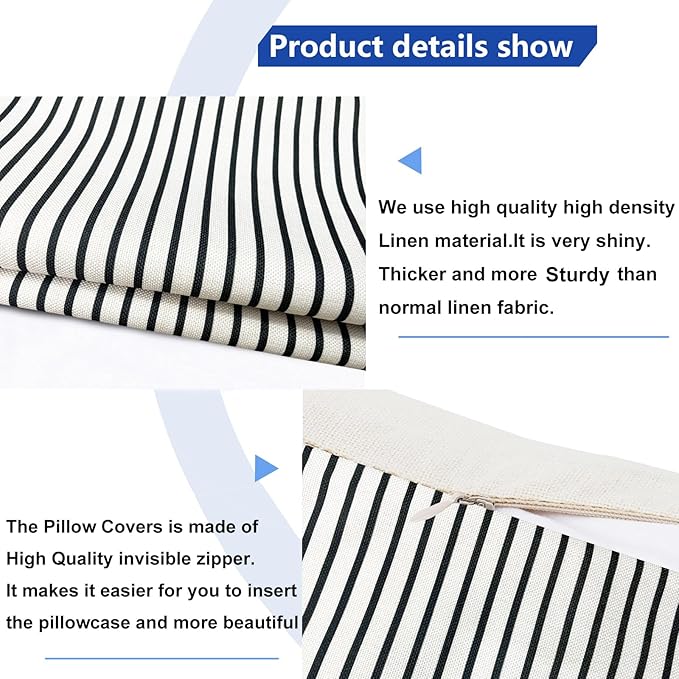 Decorative Throw Pillow Covers Set of 2 Black Striped Pillow Covers 18x18 Inch Throw Pillow Cover Linen Pillowcase Modern Farmhouse Outdoor Pillow Covers for Couch Sofa Bed Living Room