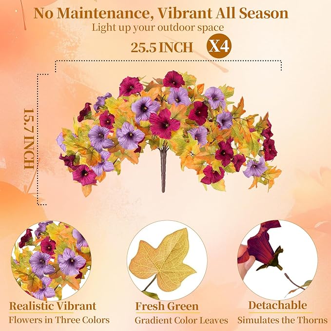 4 Pcs Artificial Fall Fake Flowers Plants for Outdoor Decoration,No Fade Faux Petunias,UV Resistant Realistic Autumn Silk Flowers,for Home Garden Balcony Yard Porch Deco (Burgundy Purple)
