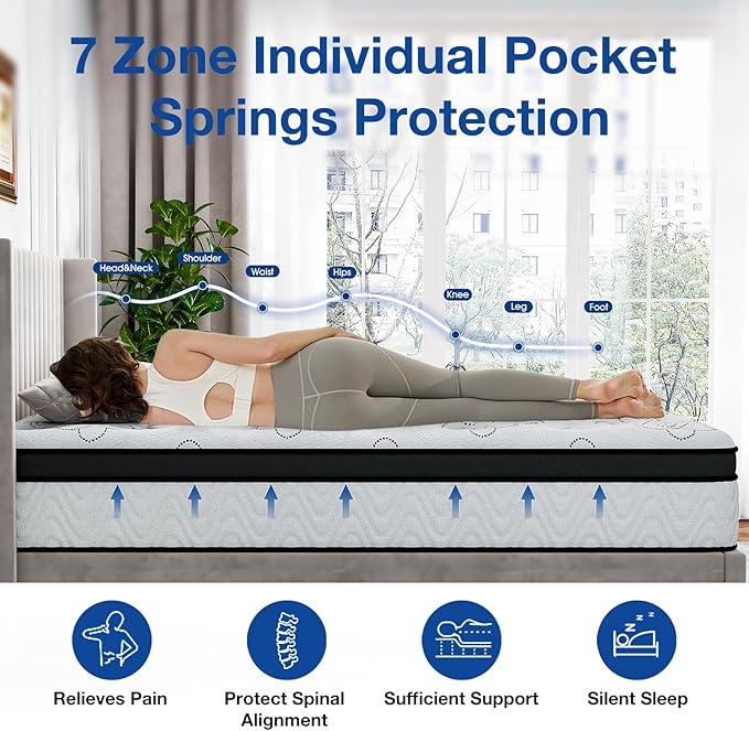 10Inch Twin Hybrid Mattress with Gel Memory Foam & Pocket Coils, CertiPUR-US Certified, Medium Firm Support for Pressure Relief & Cool Sleep, Delivered in a Box