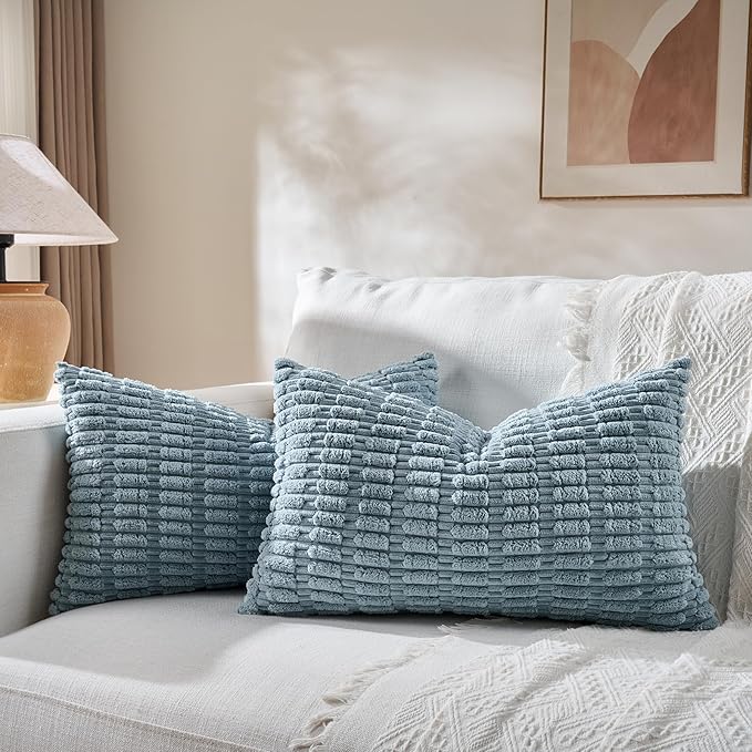 Fancy Homi 2 Packs Boho Light Blue Decorative Throw Pillow Covers 12x20 Inch for Couch Bed Sofa, Rustic Modern Farmhouse Home Decor, Soft Plush Corduroy Cute Rectangle Cushion Case 30x50 cm
